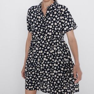 ZARA Black and White Daisy Print Tiered Mini Dress